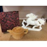 Chinese carved jade-type horse ornament and similar teapot in case