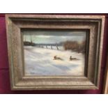 H. V. D Bruck oil on board- rabbits in the snow, signed and framed