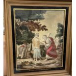 Regency needlework picture, 'Abraham's Servant Meeting Rebekah', in verre eglomise gilt frame, total