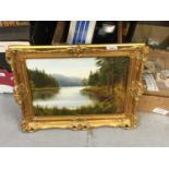 Oil on board, alpine lake scene in gilt frame