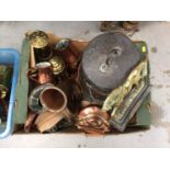 Two boxes containing antique copper, brass and pewter, and other items