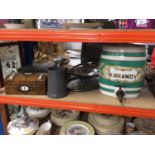 Victorian walnut sewing box, pewter tankard engraved 'King's Arms', silver plated items and a Brandy