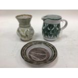 Three pieces of Aldermaston studio pottery, together with a Warminster Toby jug and another pottery