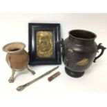 Oriental bronze vase, mate cup and bombilla straw, soapstone seal and a relief picture