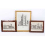 Framed engraving of Hadleigh deanery tower and two similar framed engravings of local churches.