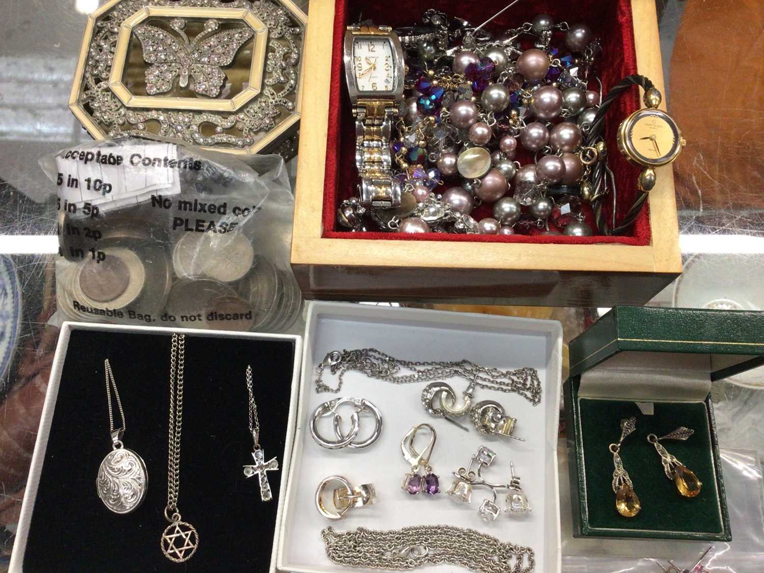 Group of costume jewellery, two wristwatches, silver pendants on chains, earrings and coins