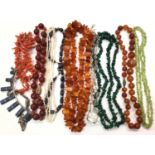 Group vintage bead necklaces including amber, malachite, coral, pearl etc