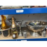 Large silver plated punch bowl, silver plated 'top hat' ice bucket, two dummy magnum bottles of Cris
