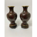 Large pair of Chinese cloisonné enamel vases on carved wooden stands