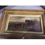 Three oil on canvas pictures ponies and cattle, framed, plus unframed prints and cigarette cards