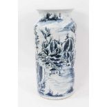 Large Oriental blue and white porcelain sleeve vase, decorated with landscape scenes