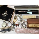 Costume jewellery, wristwatches, silver napkin ring, silver handled letter opener, various pens and