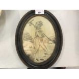 Early 19th century woven hair picture of a lady gardener in original frame (glass broken)