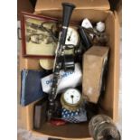 Box of sundry items, including a Boosey clarinet, gauges, books, etc