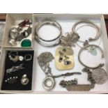 Group of silver and white metal jewellery including bangles, pendants, brooches, signet ring and pai