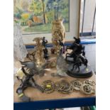 Pair of 19th century ormolu rococo candlesticks, and various items including metal figures, Chinese