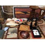 Collection of mostly South African tribal items, including a pair of stools, Impala skin, etc