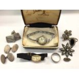 Vintage ladies 9ct gold wristwatch on black ribbon strap, silver cased watch, pair silver cufflinks,