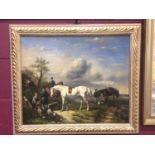 19th century style oil on board- the hunting party, in gilt frame