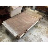 Vintage pine and cast iron Lineberry railway station porters trolley, 152cm, two others. (3)