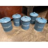 Five enamelled kitchen jars - rice, currants etc.