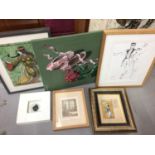 Group of pictures and prints including an Indo-Persian manuscript leaf in glazed frame, cat studies