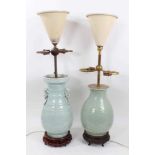 Two Chinese celadon glazed vase table lamps