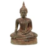 Antique bronze Buddha figure, depicted seated in meditative pose, with deep patination, on hollow ba