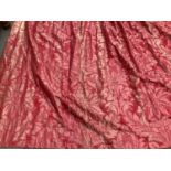 Pair of red silk damask curtains and pelmet / curtain pole