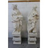 Pair of vintage white painted composition garden statues on bases