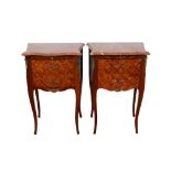 Pair of 19th century style French parquetry bedside tables with marble tops