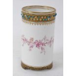 Victorian porcelain cylinder vase with blue enamelled jewelling and painted ivy decoration with pres