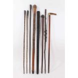 Collection of antique walking canes, including pair of sectional horn canes, 83cm long, Japanese car