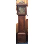 Giffn. Rayment, Bury (St Edmunds): mid 18th century oak cased longcase clock, with square brass dial