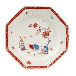 A Bow octagonal plate, circa 1765, polychrome decorated with the Two Quail pattern, 19.5cm across