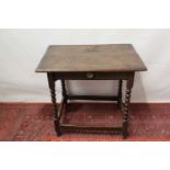 Early 18th century oak side table with drawer on bobbin legs