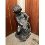 Antique painted cast iron garden fountain, in the form of a cherub grappling with a crocodile, 80cm
