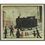 *Laurence Stephen Lowry (1887-1976) signed colour print - "Level crossing with LNER steam train", si