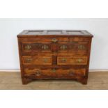 18th century and later oak and fruitwood crossbanded mule chest, with hinged triple panel top over f