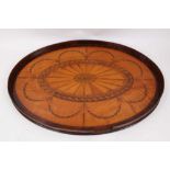 Fine large George III style satinwood and marquetry inlaid oval tray