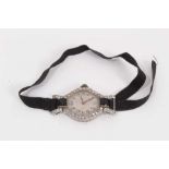 Art Deco diamond and black onyx cocktail watch on black silk strap