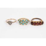 19th century turquoise gold dress ring, Victorian pavé set diamond heart shaped ring and garnet five