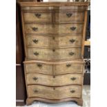 George III style figured burr walnut veneered chest on chest with serpentine front