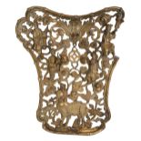 18th / 19th century Chinese bronze plaque, of cartouche form pierced and moulded with figure and myt