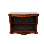 Victorian figured walnut serpentine open bookcase, flanked by reeded angles, on plinth base, 120cm w