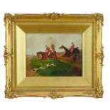 George Wright (1860-1942) set of four oils on board - A Hunting Day, signed, circa 1881, 17cm x 22cm