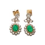Pair of antique emerald and diamond pendant drop earrings.