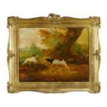 English School early 19th Century, oil on board, A woodland scene with pointers hunting, in gilt fra