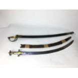 Old Indian Tulwar with plated hilt and curved blade in sheath and a modern Indian sword (2)