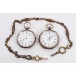 Two silver cased fob watches and a Victorian gilt metal watch chain